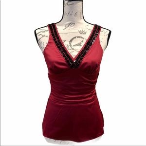 The Limited Red Satin Embellished V-Neck Top